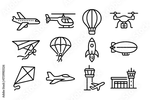 Transportation icons: airplane, helicopter, hot air balloon, drone, parasailing, rocket, blimp