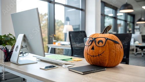 Halloween pumpkin wearing eyeglasses is sitting on a desk in a modern office with a computer and