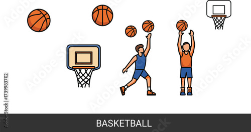 Basketball players shooting, hoop, ball, net, basketball court training illustration, professional basketball game action design, team sports competition