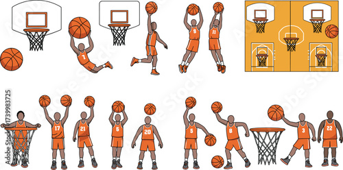 Basketball players, slam dunk, dribbling, shooting, basketball hoop, backboard, basketball court illustration, professional sports design, team competition training
