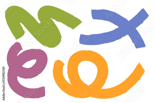 Abstract textured swirls, brushstrokes set. Drawn curves, curls, design elements in doodle style. Curvy wavy shapes.