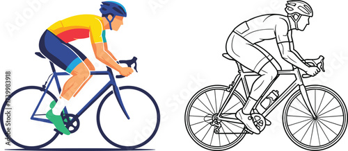 Cyclist riding road bike in professional gear, sports athlete training, cycling competition vector illustration, bicycle racing design with coloring page
