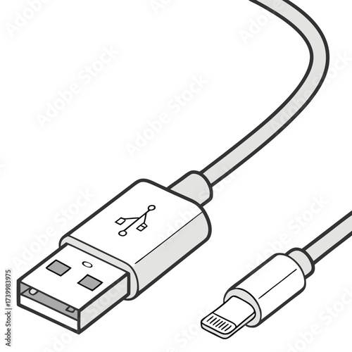 Illustration of a white usb to lightning cable, used for charging and data transfer between apple devices and computers or power adapters