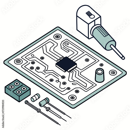 Vector art of detailed illustration of a circuit board with various electronic components and a soldering iron, showcasing the intricate design and assembly process