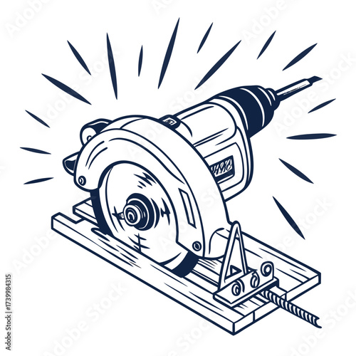 Illustration of a circular saw cutting through wood, a powerful tool used for precise cuts in woodworking and construction, ideal for carpentry