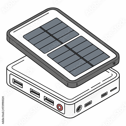 Illustration of a solar power bank, a portable charger with a solar panel for renewable energy, offering a sustainable solution for charging devices on the go