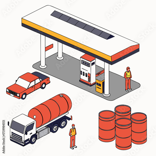 Vector art of isometric gas station with tanker truck and car includes station building, fuel tanks, price sign, and staff, creating a comprehensive scene of a fueling station