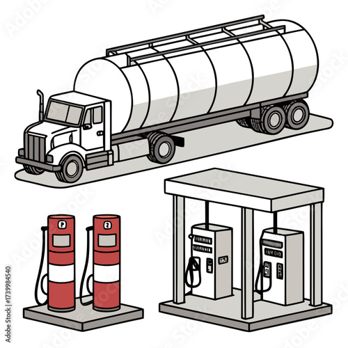 Vector art of isometric illustration of a fuel tanker truck at a gas station, showcasing the process of refueling vehicles and the infrastructure of the petroleum industry
