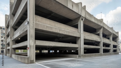 A multi-level concrete parking structure, featuring open levels, visible beams, and an empty interior