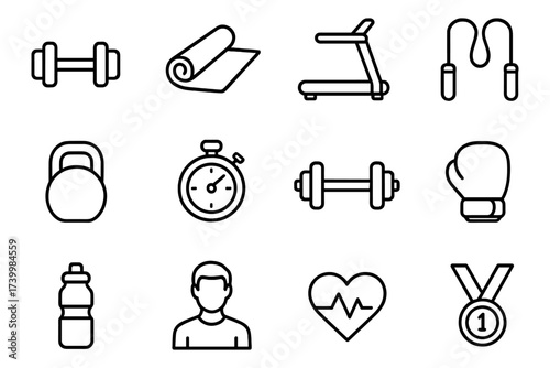 Set of linear fitness icons with dumbbells, treadmill, and yoga mat