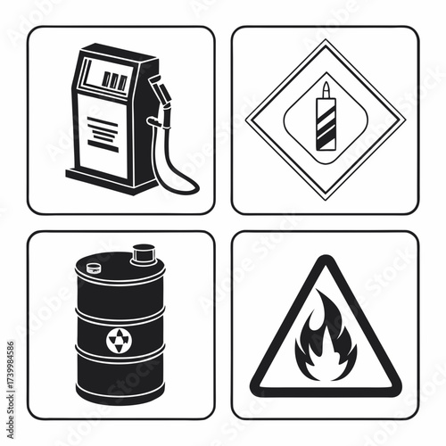 Vector art of a collection of four black and white icons featuring a gas pump, flammable symbol, barrel with radioactive symbol, and a flame warning sign
