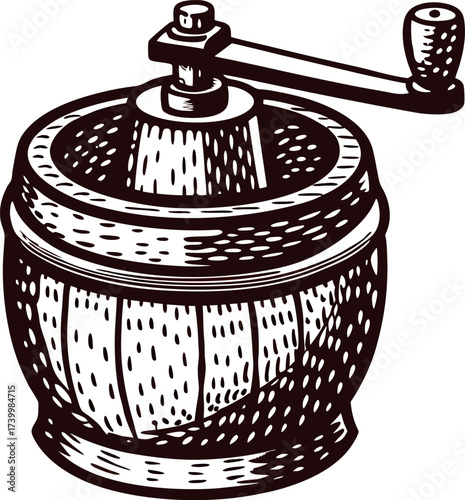 vintage hand drawn manual coffee grinder with crank handle classic antique kitchen utensil illustration, detailed engraving