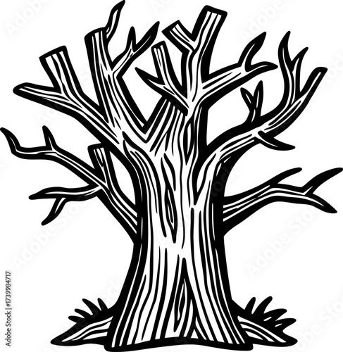 Hand drawn leafless tree illustration with twisted branches and outlined trunk isolated on white background
