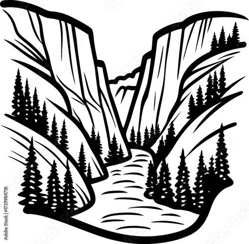 Black and white illustration of a rocky canyon landscape with pine trees and flowing river valley