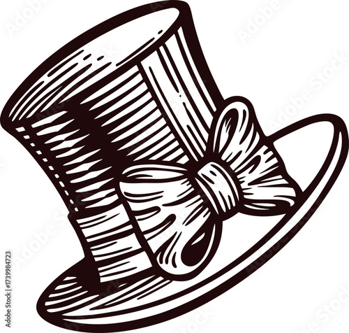 Vintage hand drawn top hat with large bow tie illustration in engraving on white background