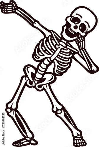 human skeleton making dabbing gesture with raised arms and tilted head on white background