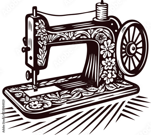 Ornate vintage sewing machine with floral decorations and engraved details in hand drawn illustration