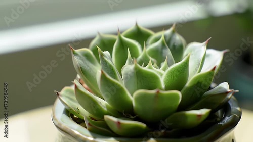 Close Up of a Green Succulent Plant in a Pot by the Window.