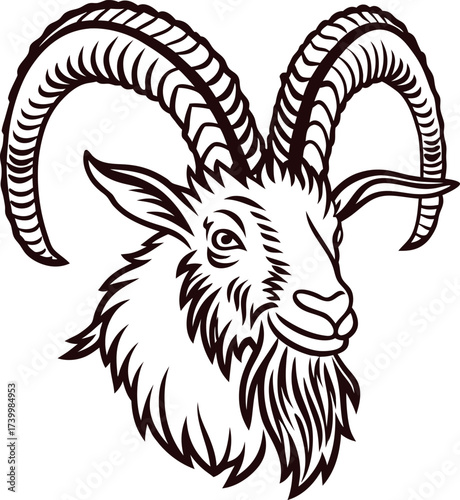 Hand drawn alpine goat head with large curved horns in vintage engraved illustration