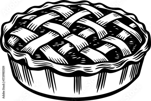 Hand drawn lattice crust pie dessert black and white vintage engraved illustration of baked sweet pastry