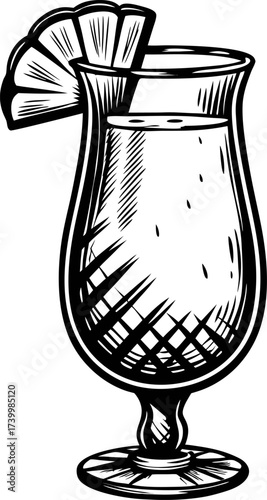 Hand drawn tropical cocktail with pineapple slice garnish in vintage engraved glass illustration