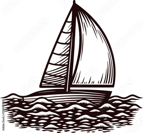 Hand drawn sailboat with billowing sail on wavy water vintage nautical ink illustration