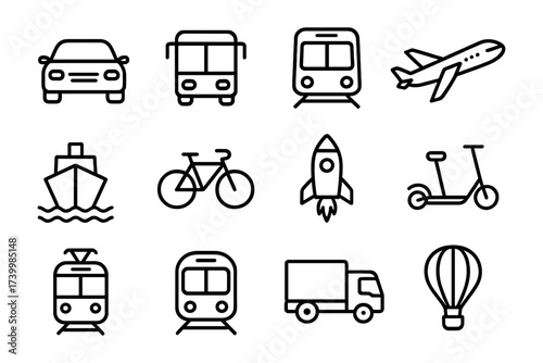 Transportation icons collection: modern linear symbols of travel and transit