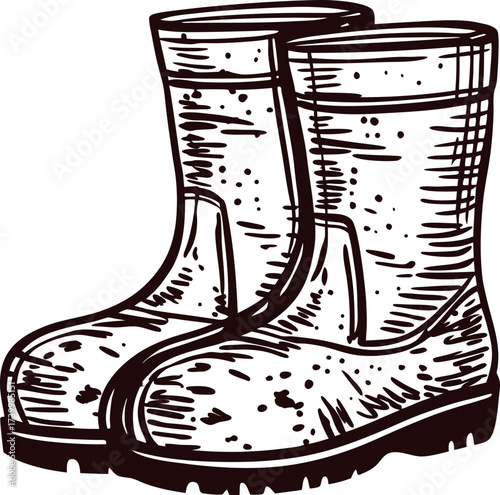 Hand drawn rubber boots illustration in vintage engraving isolated on white background