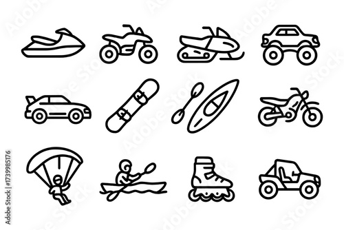 Adventurous outdoor sports icons featuring canoe kayak parachute and off-road vehicles in minimal style