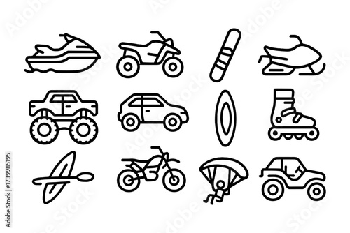 Adventure icons set: linear designs of recreational vehicles and activities