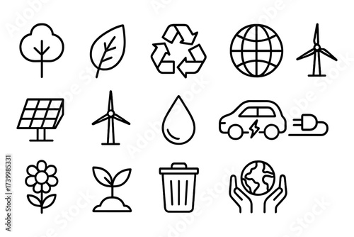Sustainable energy and environment icons in minimalist linear style