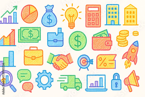 Collection of Business and Finance Icons with a Hand Drawn Style.