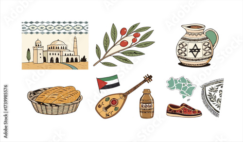 Palestinian Culture and Heritage Vector Doodle Collection with Traditional Symbols like Mosque Olive Branch and Oud
