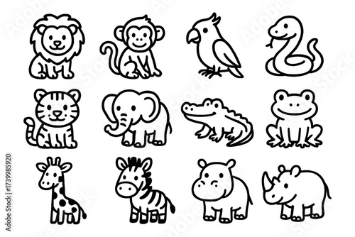 Cute animal outlines set featuring zoo and jungle creatures in adorable cartoony style