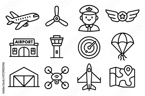 Aviation icons set in linear style featuring airplane, pilot, and control tower imagery