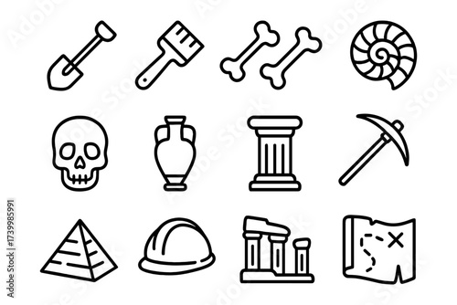 Archaeology icons: tools, artifacts, and symbols in bold outline style