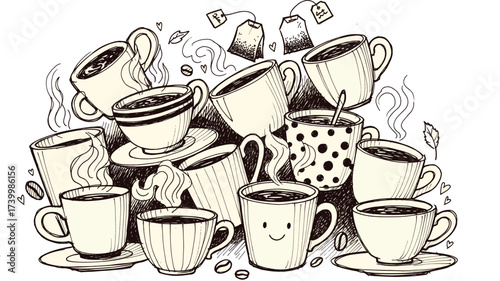 Colorful illustration of coffee cups, mugs, steam, beans, and tea bags with playful doodles for cozy design and beverage content