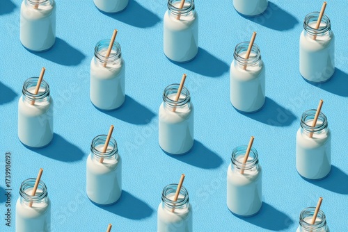 Patterned grid of small glass jars filled with white liquid, each with a straw, on blue