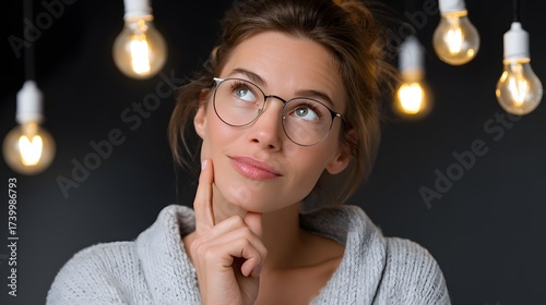 Woman in glasses thinking with light bulbs-ideas around her. Business, creativity, innovation