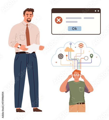 Businessman analyzing error message, young man puzzled under cloud diagram of processes and gears. Ideal for problem solving, workflow, troubleshooting, teamwork, communication, innovation, simple