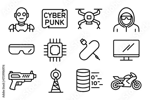 Futuristic technology icons collection featuring cyberpunk and robotics elements