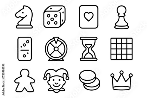 Outline icons of classic board and card game elements for creative design