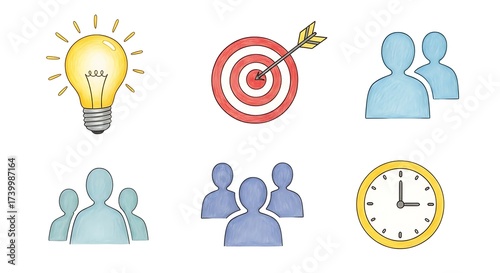 Hand drawn business icons for idea target team and time management.