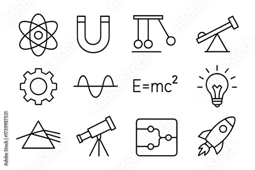 Science and physics icons: linear style for educational and innovative contents