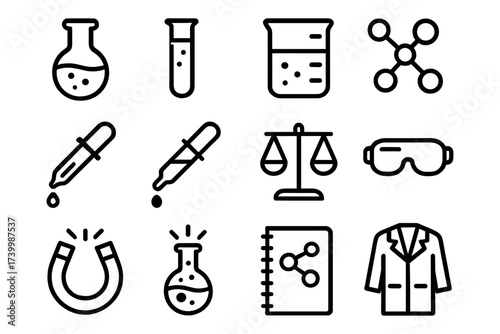 Linear science icons: chemistry tools and symbols for education and research