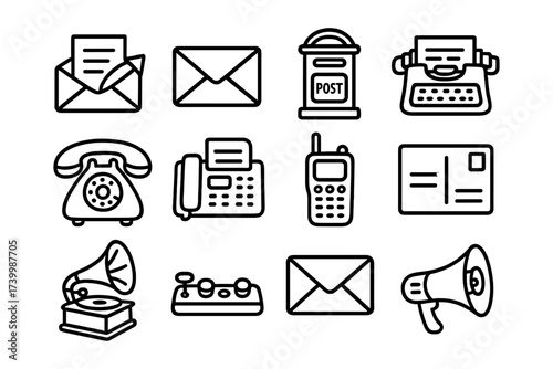 Vintage communication icon set: outline style with retro devices and symbols