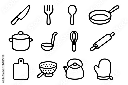 Outline kitchen utensils collection: essential cooking tools icons