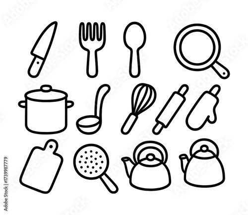 Essential kitchen tools set with bold line art for cooking enthusiasts