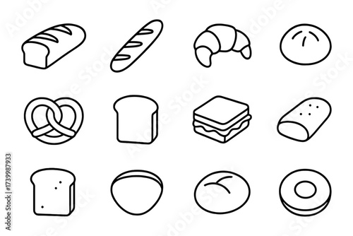 Bread and pastry outlines: minimalist black and white icon set