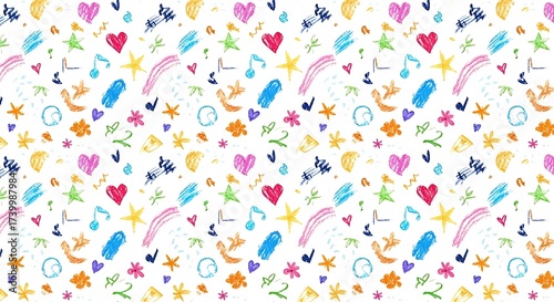 Whimsical Watercolor Pattern with Hearts Stars Rainbows and Musical Notes.